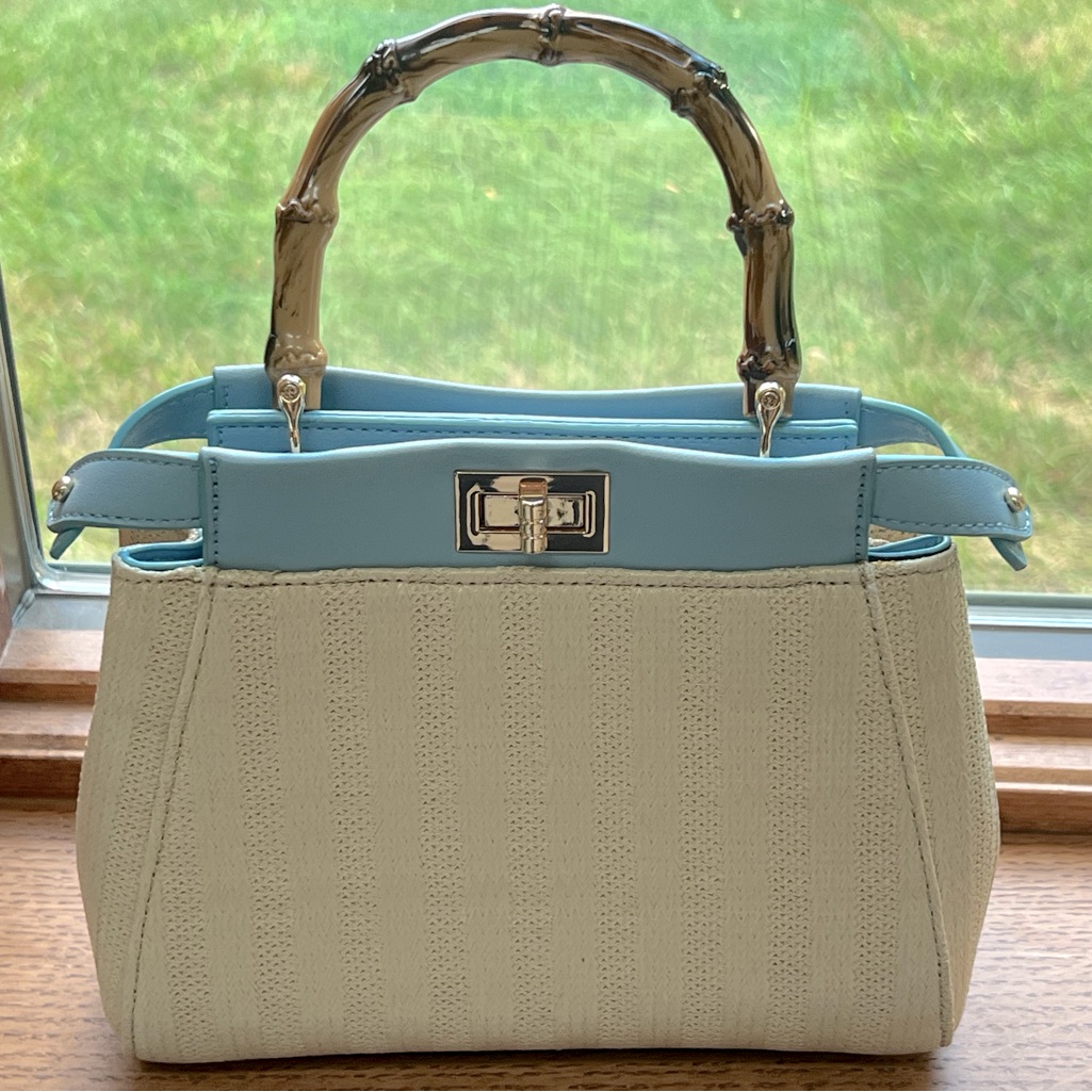 Purse Tan Canvas Sky Blue Bamboo Handle Crossbody Strap Peekaboo Style Bag